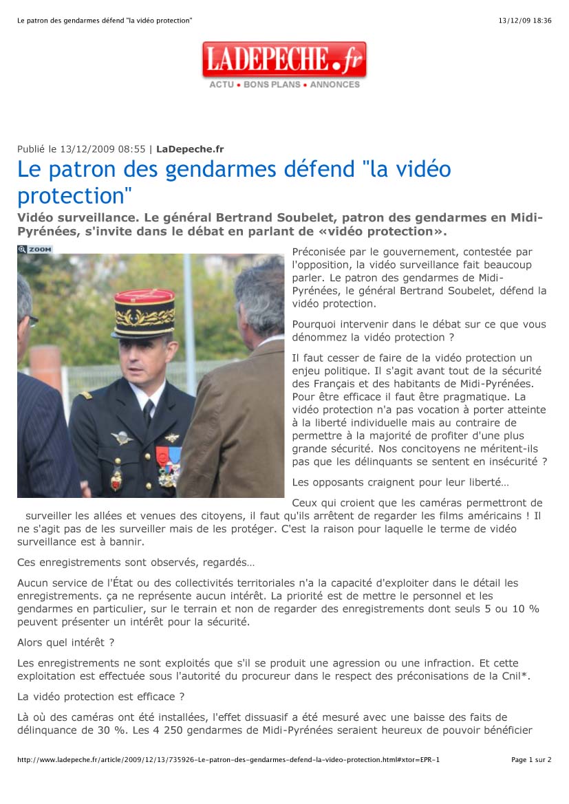 Le patron des gendarmes défend "la vidéo protection"1