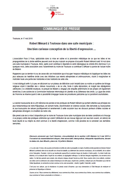 LDH Toulouse - Communiqué de presse - Robert Ménard à Toulouse dans une salle municipale, une bien curieuse conception de la liberté d’expression …