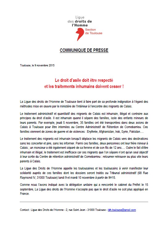 LDH Toulouse - CP - Le droit d’asile doit être respecté  - 09-11-2015