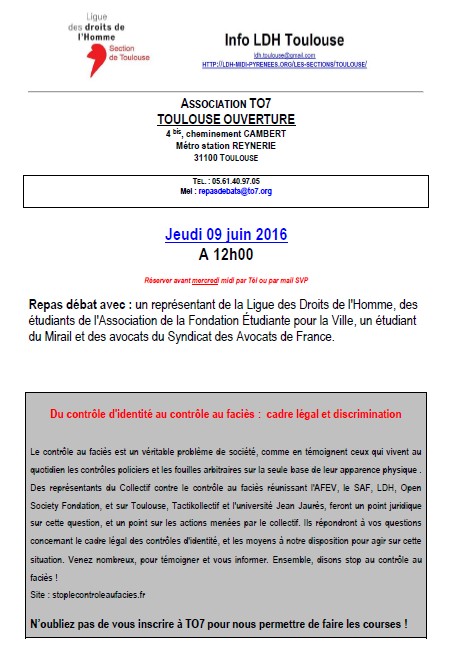 LDH Toulouse- TO7 - Du contrôle d'identité au contrôle au faciès - cadre légal et discrimination -09.06.2016