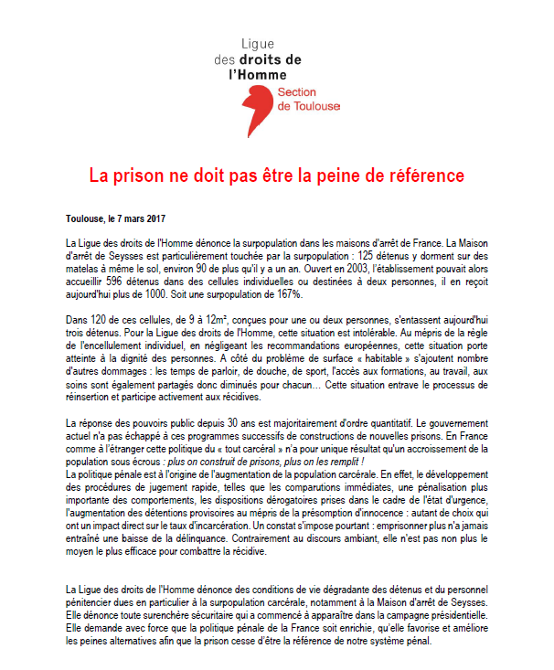LDH Toulouse - La prison ne doit pas être la peine de référence - 07-03-17
