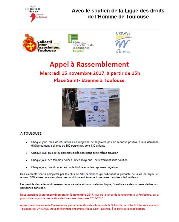 Soutien LDH Toulouse - Contre l'exclusion et la précarité - Rassemblement Mercredi 15 novembre à partir de 15h - Place Saint Etienne à Toulouse