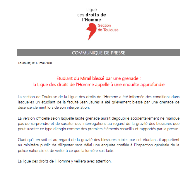CP - Etudiant du Mirail blessé par une grenade - 12-05-2018